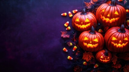 Glowing carved pumpkins with smiling faces surrounded by candy corn, autumn leaves, and decorative black spiders on a dark purple background expressing festive Halloween spirit
