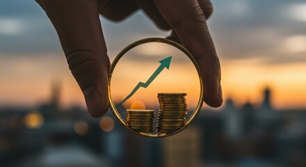 Person holding gold coins stacked high with green arrow graph showing upward trend against sunset city skyline background