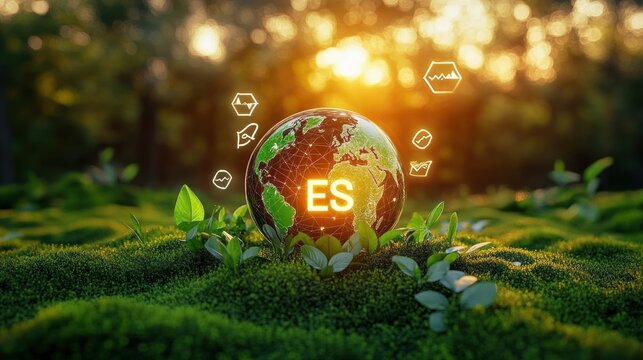 Glowing digital globe with environmental symbols surrounded by green plants and moss in a sunlit forest setting conveying sustainability and ecological awareness