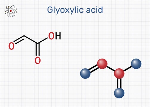 Glyoxylic acid molecule. Synthesis of hydroxyphenylglycine and amoxicillin precursor; hair straightening cosmetic chemistry; glyoxylate cycle metabolism. Vector illustration