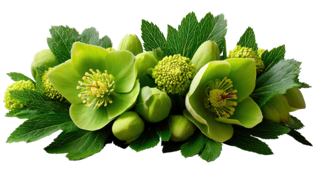 Green Hellebores Floral Arrangement: A delicate arrangement showcasing the captivating beauty of vibrant green Hellebores flowers, complimented by lush foliage