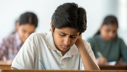 Young Indian student overwhelmed during classroom exam — symbolizing tension, effort, and learning