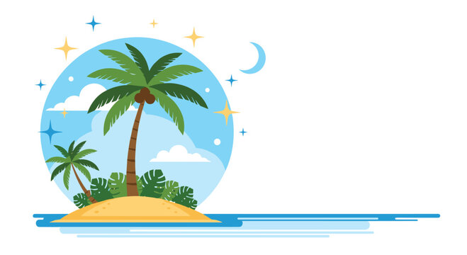 Tropical island paradise with palm trees and starry night sky.