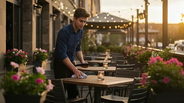 Waiter clearing table in restaurant courtyard, waiter service, waiter preparing next seating, outdoor dining workflow, quick turnover, patio restaurant scene, hospitality routine, evening shift