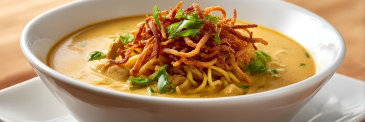 Delicious Thai chicken Khao Soi in a smooth coconut curry broth, garnished with crispy noodles and shallots, placed on a warm beige surface.