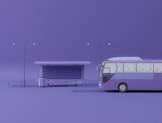 City bus and luggage, street light on blue purple background. Creative composition. Light background with copy space. 3D render for web page, presentation, studio.