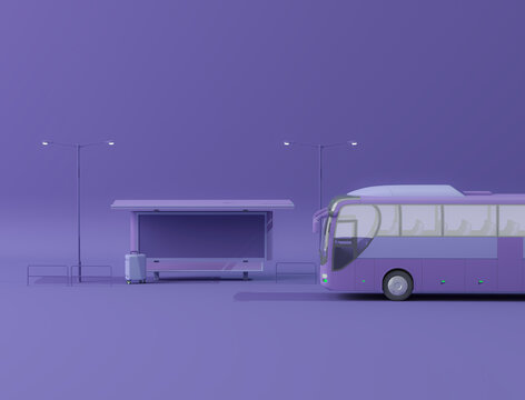 City bus and luggage, street light on blue purple background. Creative composition. Light background with copy space. 3D render for web page, presentation, studio.