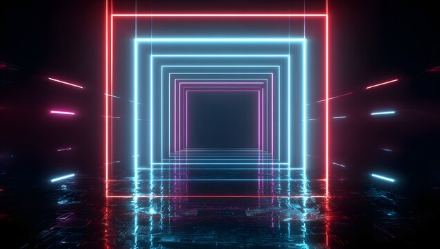 Abstract futuristic glowing neon light tunnel with repeating geometric squares and reflective floor creating a sense of depth and motion