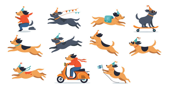 A collection of cartoon dogs enjoying a party in various playful poses and activities.