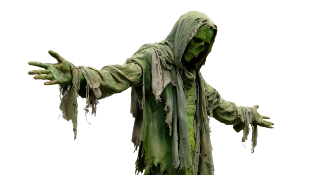 Eerie Figure in Costume: A spectral figure emerges, shrouded in tattered garb, its visage painted in an otherworldly hue, casting an unsettling presence against the stark background. 