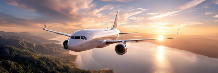 Commercial airplane flying over mountains at golden sunset