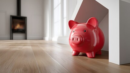 Red piggy bank sits on wooden floor near fireplace and window.