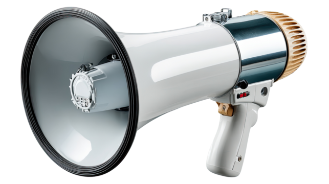 Megaphone's Bold Voice: A close-up studio shot highlights a pristine megaphone, its design symbolizing power and the art of amplifying a message.