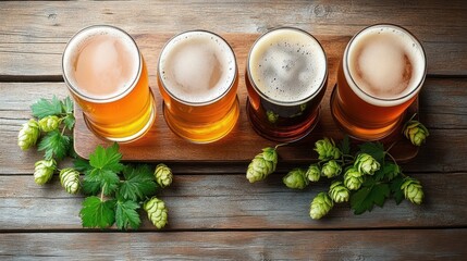 Four glasses of craft beer with frothy heads on a wooden paddle surrounded by fresh green hop cones and leaves on rustic wooden table