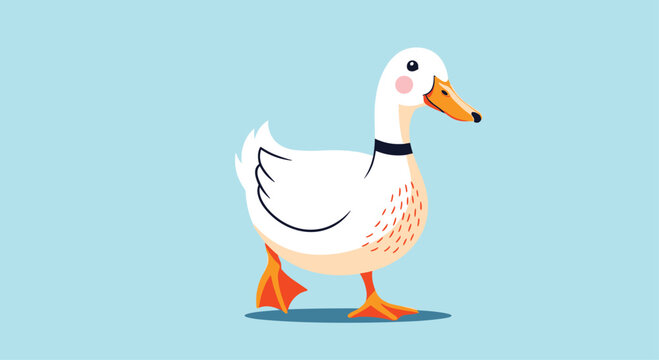 A cute white duck walking on a light blue background.