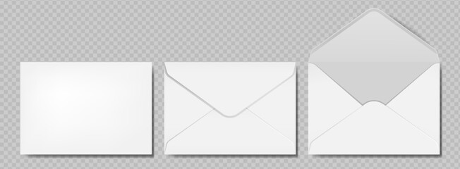 Set of white envelopes. Blank envelope template of standard size. Design for mailing, office documents. Realistic vector illustration on transparent background.