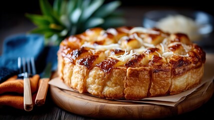 Golden pineapple tart with shredded coconut on a wooden board