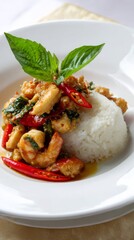 A fragrant seafood basil stir-fry with steamed jasmine rice, beautifully plated on white ceramic with gentle cream background tones.