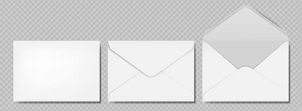 Set of white envelopes. Blank envelope template of standard size. Design for mailing, office documents. Realistic vector illustration on transparent background.