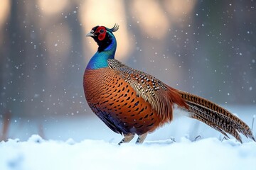 colorful pheasant standing on snow-covered ground with snowflakes falling during winter