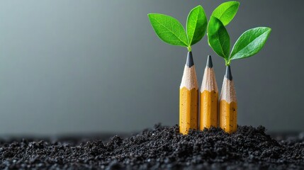 Three sharpened yellow pencils planted in soil with green leaves growing from their tips symbolizing growth and creativity