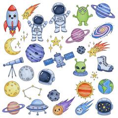 Cartoon Space Exploration Adventure Featuring Astronauts Planets Rockets Aliens and Celestial Bodies