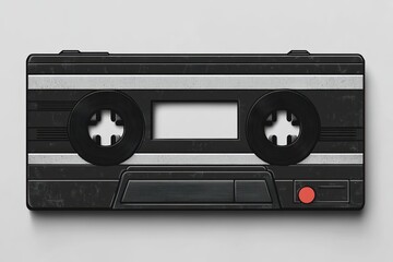 Obraz premium Close-up of a vintage black audio cassette tape with dual reels, silver horizontal stripes, and a red button on a light surface evoking nostalgia and retro vibes