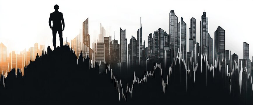 Silhouette of a person standing on a peak overlooking a cityscape composed of tall skyscrapers integrated with fluctuating financial chart lines, conveying ambition and reflection