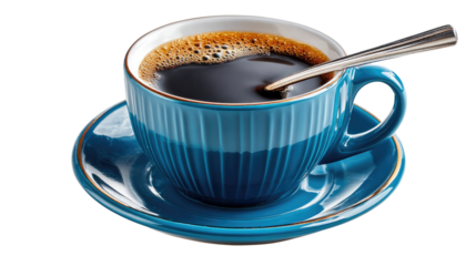 Aromatic Morning Brew: A close-up view of a vibrant blue coffee cup and saucer, filled with rich, dark coffee and a silver spoon. A perfect moment to enjoy a fresh, morning ritual.