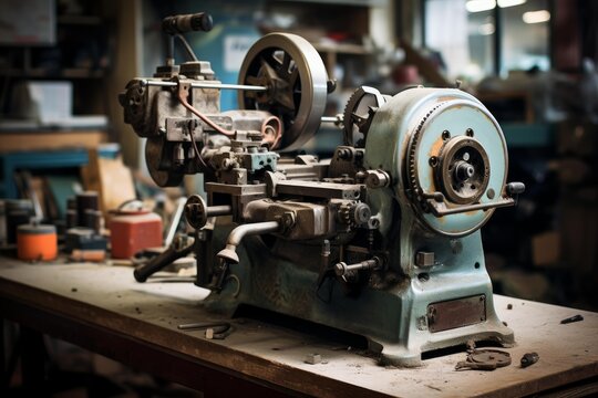 Old dusty metal lathe machine with gears and handles sitting idle on workbench in cluttered workshop