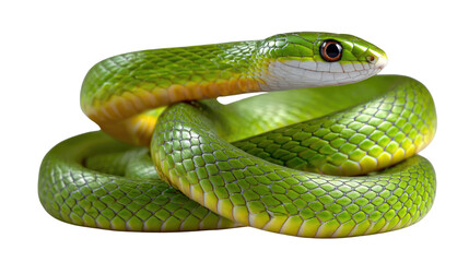 Fototapeta premium Emerald Serpentine Elegance: A striking emerald green snake coils gracefully, its vibrant scales glistening with health, a testament to nature's captivating artistry.