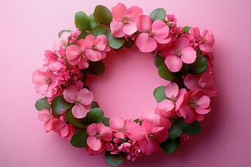 circular floral arrangement of vibrant pink flowers with green leaves on a soft pink background