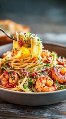 Shrimp pasta twirling on a fork with cheese