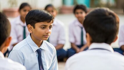 Indian Male pupil contributing to school support circle — highlighting communication, learning, and peer encouragement
