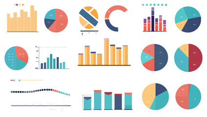 set of pie charts, bar graphs, and data visualizations isolated on a transparent background, cutout png file for graphic design use. 3d rendering illustratio