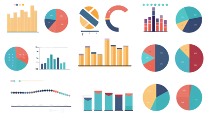 set of pie charts, bar graphs, and data visualizations isolated on a transparent background, cutout png file for graphic design use. 3d rendering illustratio