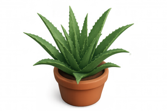 Aloe vera plant in terracotta pot, a succulent houseplant with green leaves on transparent background