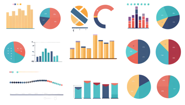 set of pie charts, bar graphs, and data visualizations isolated on a transparent background, cutout png file for graphic design use. 3d rendering illustratio