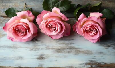 Three blooming pink roses with green leaves laid side by side on a rustic wooden surface, evoking a gentle and romantic mood