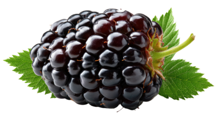 Juicy Blackberry Delight: A close-up shot captures the exquisite texture of a plump, ripe blackberry, accompanied by vibrant green leaves, inviting a sensory experience.