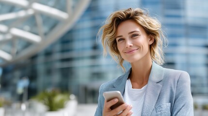 Confident businesswoman smiling holding smartphone in urban setting