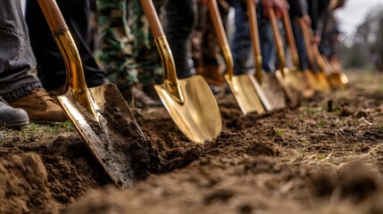 Multiple people prepare to break ground with golden shovels on a construction site.