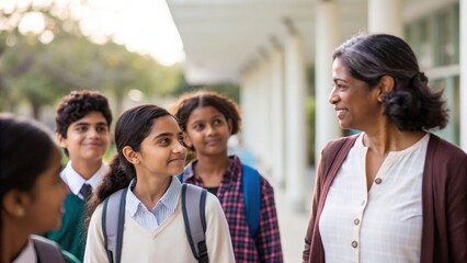 Indian students accompanied by teacher outside school — symbolizing education, support, and collaboration