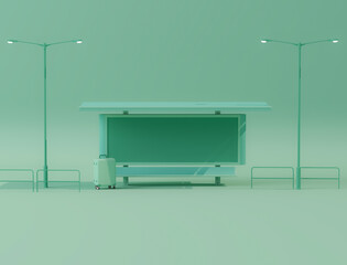 City bus stop and luggage, street light on pastel background. Creative composition. Light background with copy space. 3D render for web page, presentation, studio.