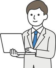 Modern businessman in a suit confidently holding a portable computer in a professional setting