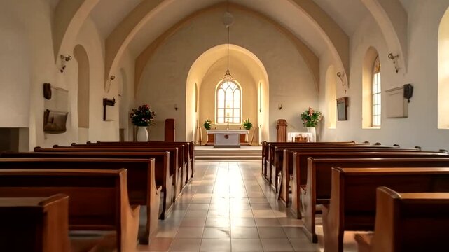 Interior of a peaceful place of worship with rows of wooden pews and arched windows.