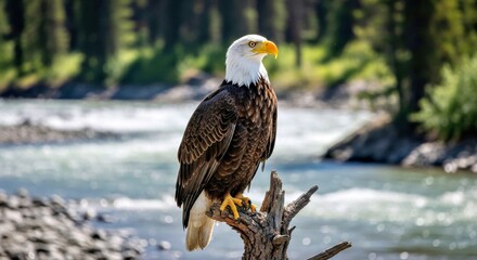 Powerful Bald Eagle Perched Majestically Over a Fast Rushing Mountain Stream and River