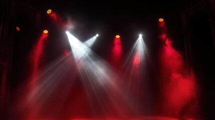 Empty stage illuminated by bright white and red spotlights with smoke creating a dramatic and mysterious atmosphere