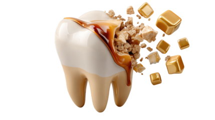 Sweet tooth crisis: a close up capture shows the perilous situation, where a tooth is in a dental emergency, surrounded by the sweet yet destructive threat of a caramel attack.
