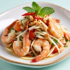 Fresh Thai papaya salad with shrimp, peanuts, and red chilies arranged beautifully on a white ceramic plate, soft mint background, bright studio lighting.